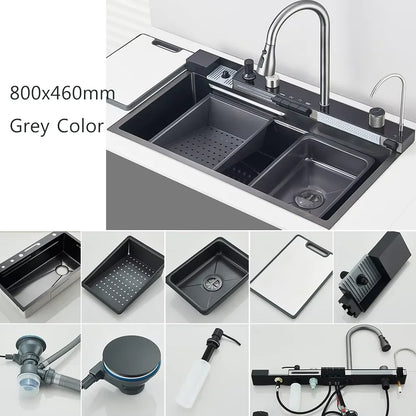 Stainless Steel Waterfall Kitchen Sink Large Single Slot Integrated Digital Display Faucet Set Soap Dispenser Cup Washer