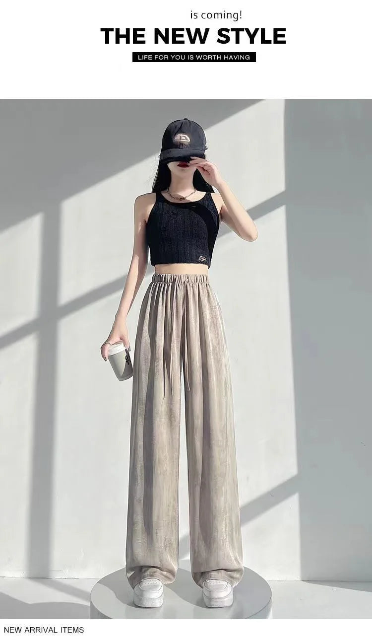 Summer Loose Straight Casual Draped Ice Silk Tie-Dye Wide-Leg Pants Grils Mosquito-proof Casual Trousers Women's Wide-leg Pants