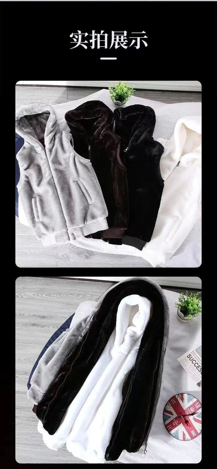2026 Autumn Winter Men's Thicked Golden Velvet Warm Vest Fashion Solid Sleeveless Zipper Hooded Jacket Fake Fur Couple Waistcoat