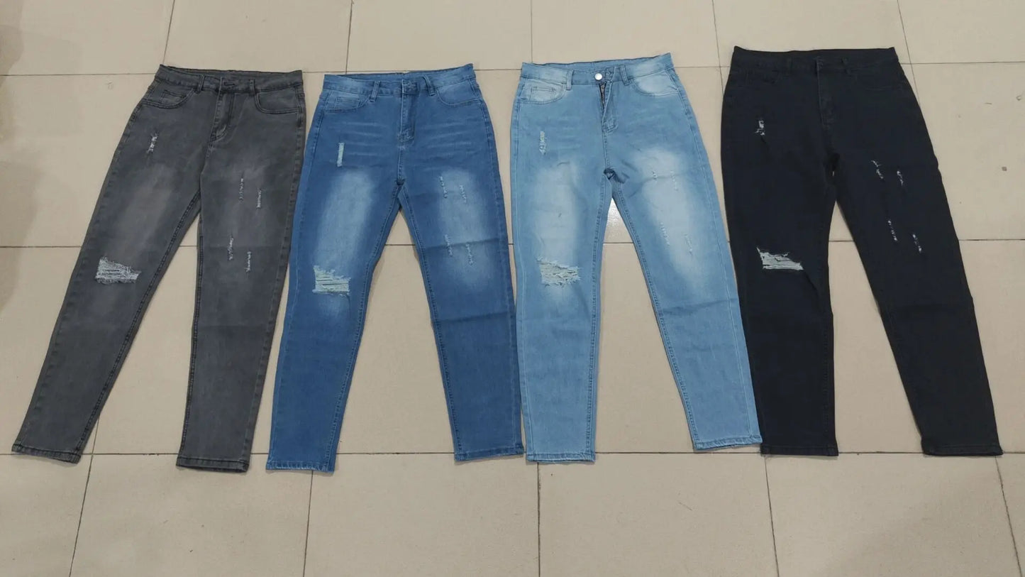 Men's American Retro Hole-Punched Stretch Slim Fit Jeans Zipper Casual Streetwear Denim Pants Classic Black Blue Skinny Trousers