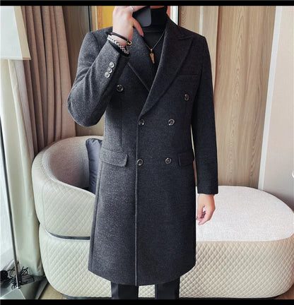 Autumn Winter Vintage Men's Woolen Long Coat Fashion Lapel High Quality Double Breasted Formal Men Slim Fit WindBreaker Overcoat