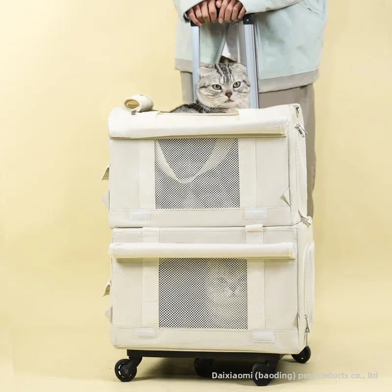 Pet Trolley Case Oxford Double-Decker Pet Travel Bag Luggage Cat Carrier Outings Portable Large-Capacity Breathable 7kg Two Cats