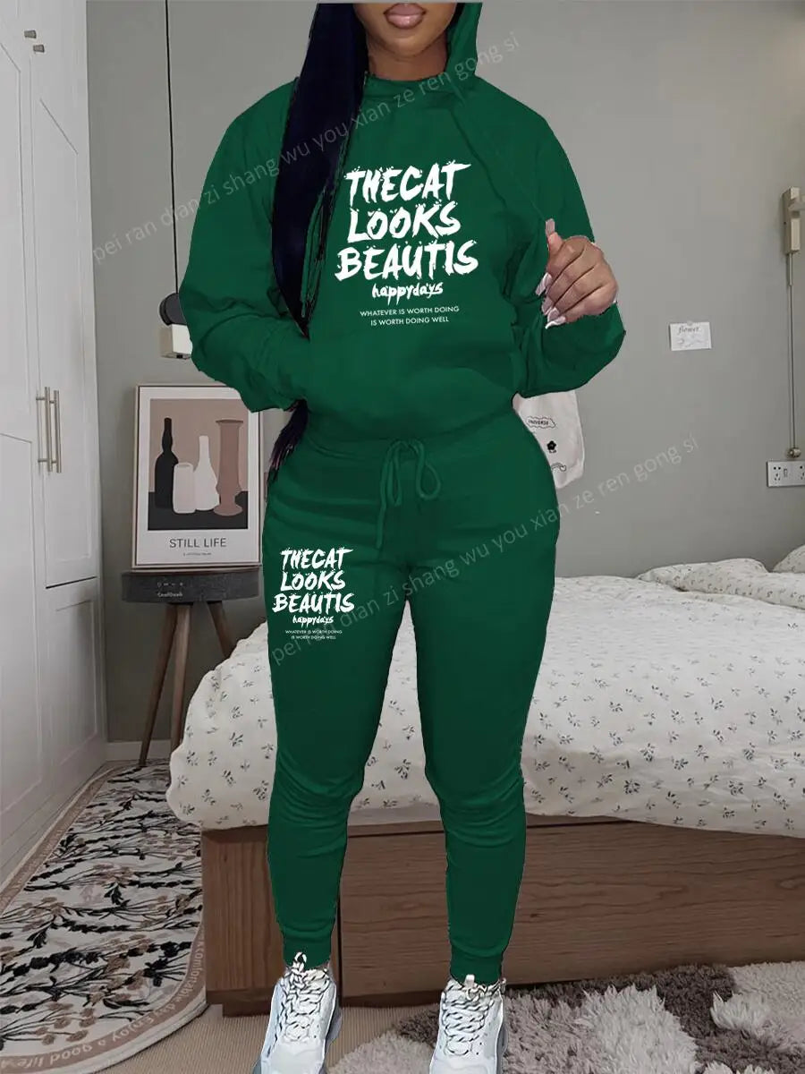 Womens TrackSuit Aesthetic Sweatshirts Sweatpants Two-piece Suit 2025 New Fleece Letter Printing Streetwear Women Hoodie Sets