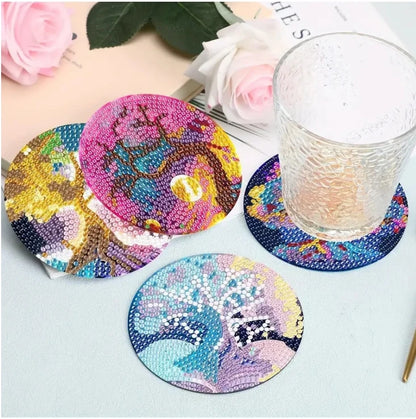 8pcs/Set DIY Diamond Painting Coasters with Holder Anti Slip Wood Drip Mats Crystal Rhinestones Diamond Art Coasters for Adults