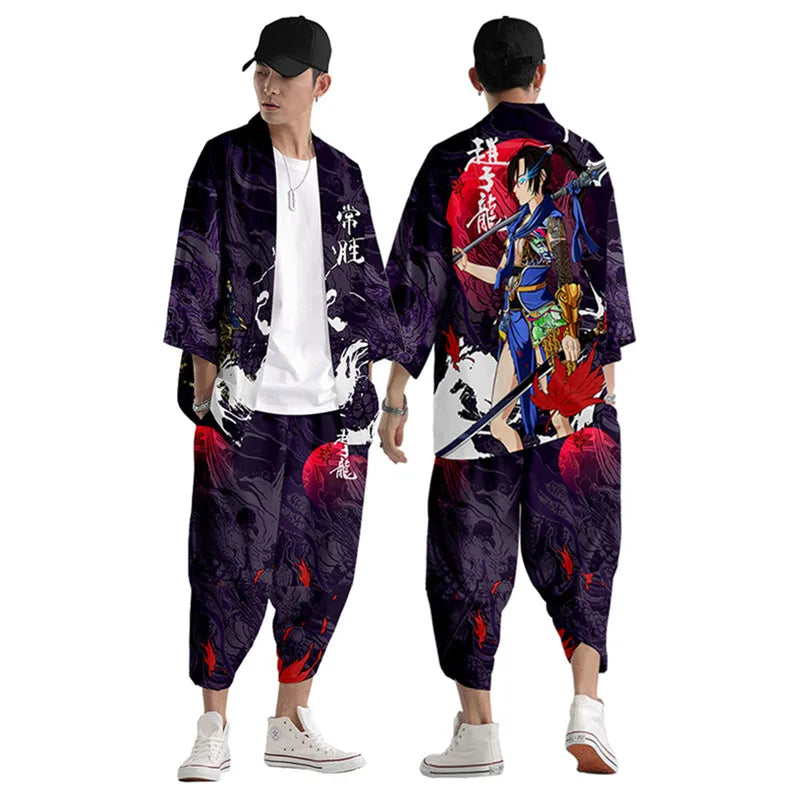 Large Size 5XL 6XL Japanese Kimono Cardigan Pants Set Print Fox Men Women Shirt Tradition Yukata Haori Obi Cosplay Costume