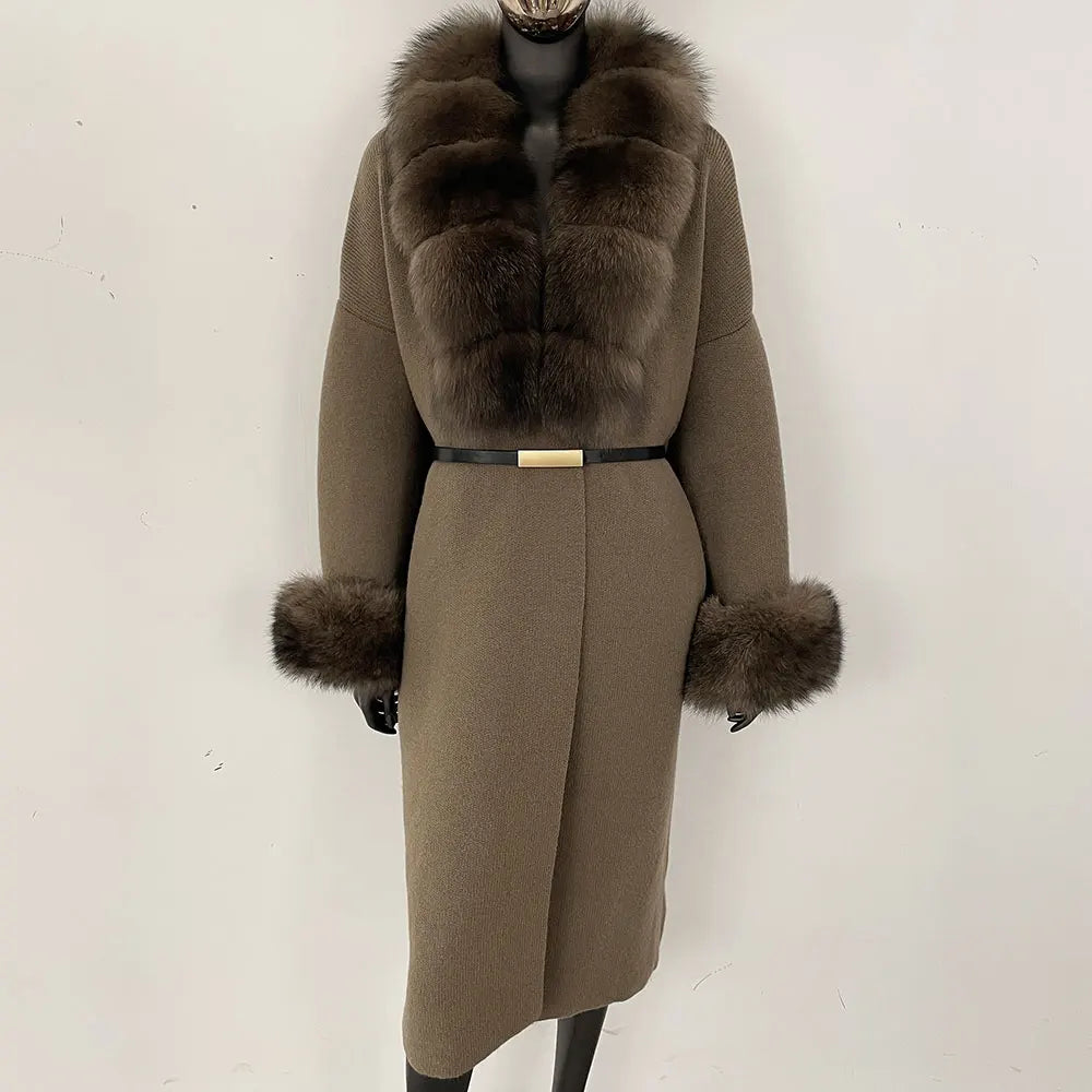 Long Knitwear Coat Women Warm Belt Real Fox Fur Jacket Female 2024 New Autumn Winter Kintted Natural Fur Coat Women