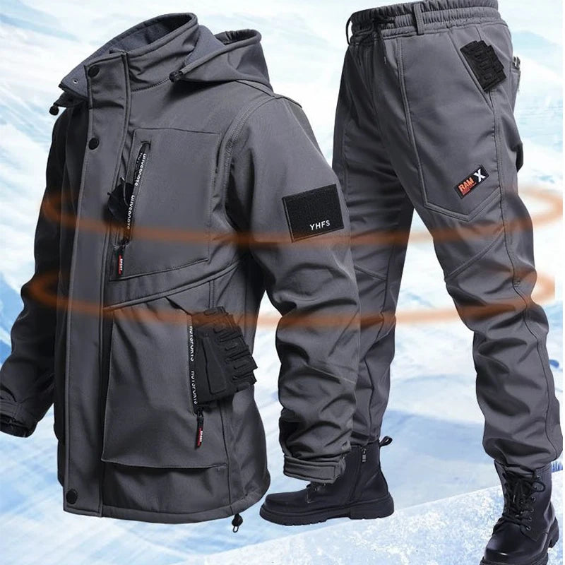 Autumn And Winter Solid Color Hooded And Velvet Assault Set Outdoor Labor Protection Suit Casual Mountaineering Work Suit
