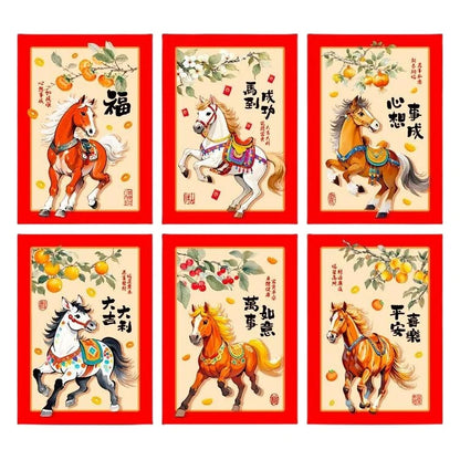 6Pcs 2026 Year Horse Zodiac Red Cash Envelopes, Chinese New Year Red Packets, Lucky Money Gift Bag