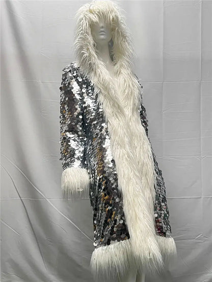 Patchwork Women Hooded Faux Fur Coat Fox Fur Long Sleeve Thick Warm Fur Outerwear Spliced Party Stage Loose Fit Sequined