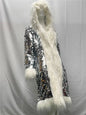Patchwork Women Hooded Faux Fur Coat Fox Fur Long Sleeve Thick Warm Fur Outerwear Spliced Party Stage Loose Fit Sequined