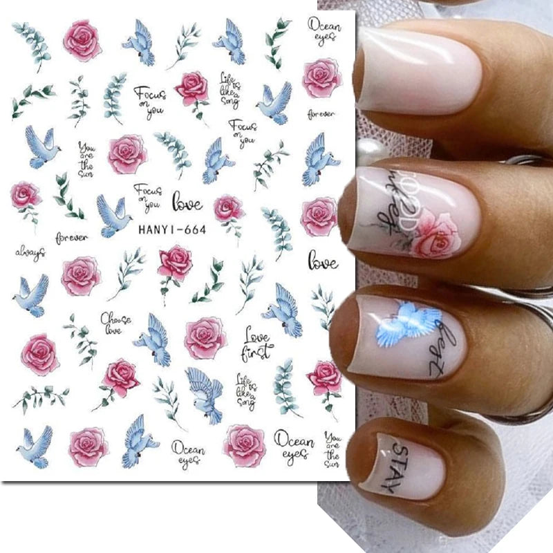 3d Nail Art Decals Elegant White RoyalBlue Roses Flowers Adhesive Sliders Nail Stickers Decoration For Nail Manicure