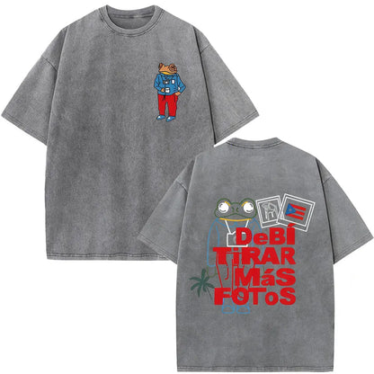 Rapper Bad Bunny Vintage Washed T Shirts Debi Tirar Mas Fotos DTMF T-shirts Men's Clothing Fashion High Quality T-shirt Couples