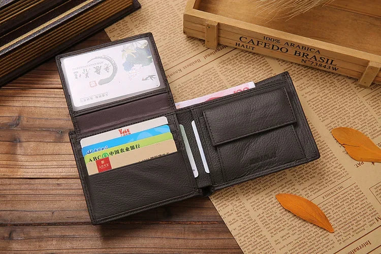 100% Genuine Leather Men Wallets Premium Product Real Cowhide Wallets for Man Short Black Walet Portefeuille Homme
