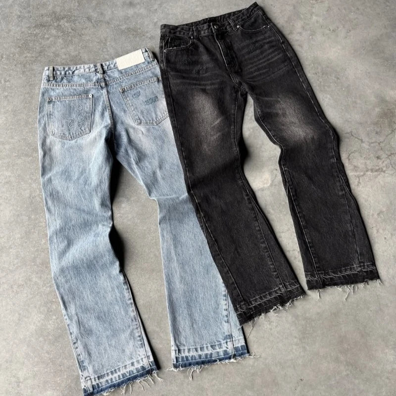 Y2K Vintage Slim Fit Jeans Trendy Washed Men Women Harajuku Hip Hop Straight Leg Pants Gothic Fringed Casual Micro Flared Pants