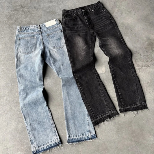 Y2K Vintage Slim Fit Jeans Trendy Washed Men Women Harajuku Hip Hop Straight Leg Pants Gothic Fringed Casual Micro Flared Pants
