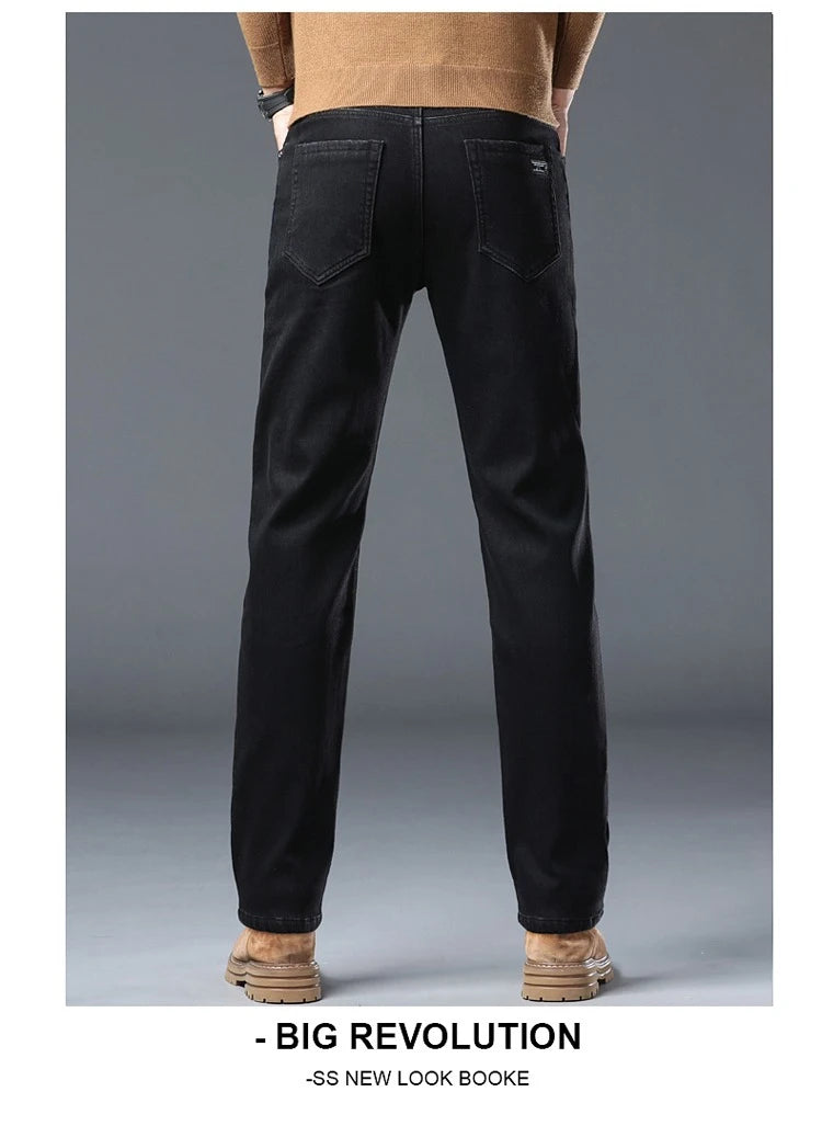Men's Winter Stretch Fleece Jeans Thickened Warm Loose Straight Velvet Denim Trousers Classic Business Casual Black Work Pants