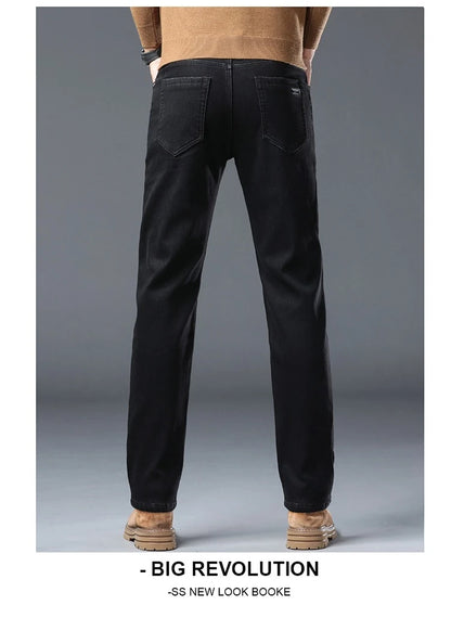 Men's Winter Stretch Fleece Jeans Thickened Warm Loose Straight Velvet Denim Trousers Classic Business Casual Black Work Pants