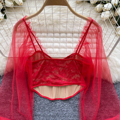 Women Chic Lace Mesh Sheer  Long Sleeve Backless Crop Top Solid Slim Sexy Korean Fashion Summer Women Shirt Square Collar