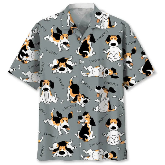Cute puppy print Hawaiian men's short-sleeved shirt 2024 new casual lapel top fashion plus size