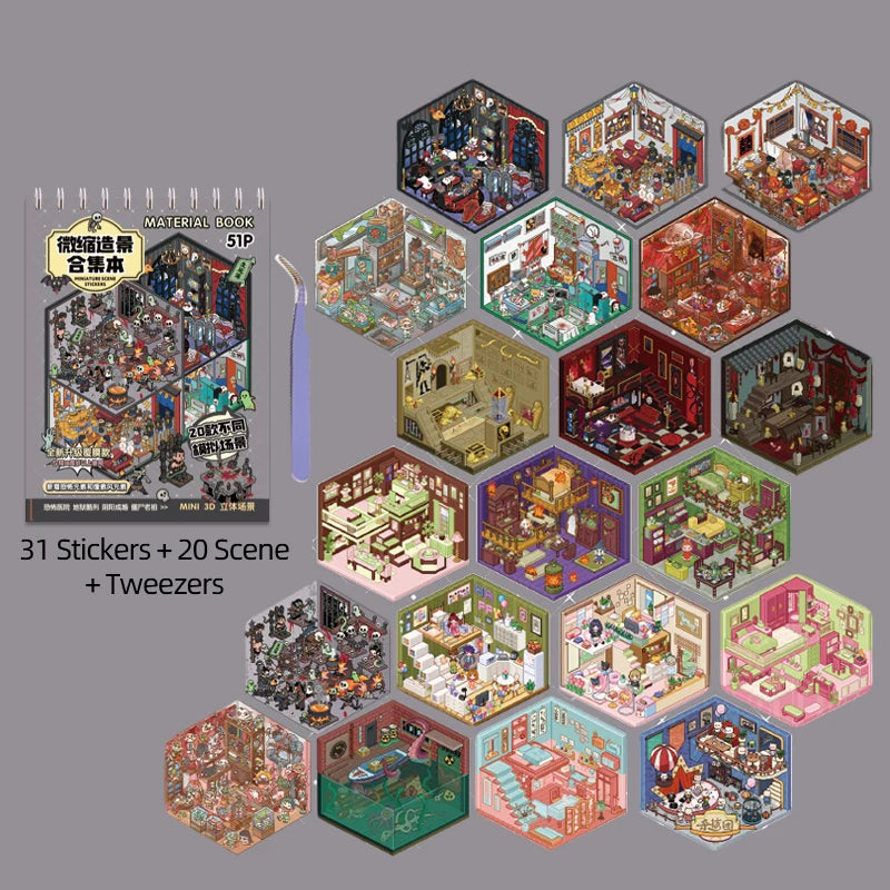 3D Diorama Sticker Book 20 Pages Mini Scene Cute Cartoon Animal Ghosts Theme DIY Scrapbook Toy Fun Stress Relief Kids Adult Gift