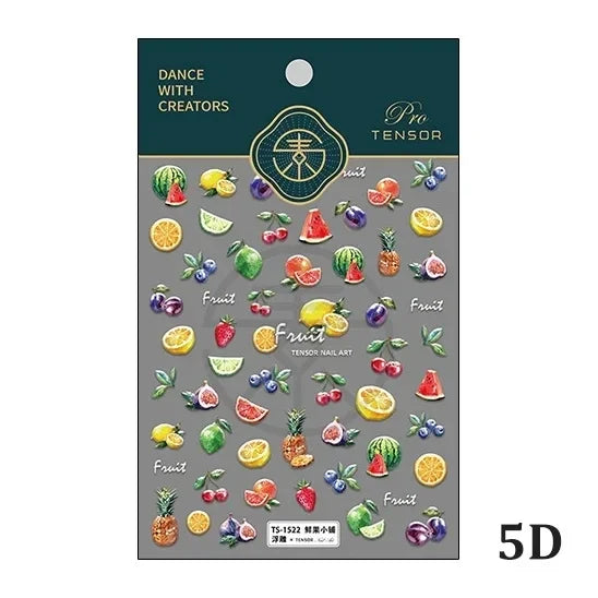 Fresh Sweet Fruits Strawberry Cherry Bowknot Love Heart Lemon 5D Nail Art Stickers Self Adhesive Decorations Nail Manicure Decal