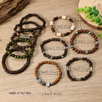 10pcs Bohemia Ethnic Beaded Bracelets For Men Vintage Multi Layer Wooden Beads Life Tree Beaded Bracelets Accessory Gifts Party