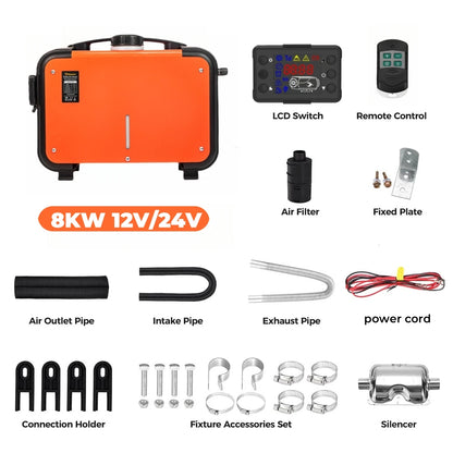 Sunster Diesel Air Heater 8KW 12V 24V Sound Dampeners LCD Switch Car Parking Heater For Car Trailer Truck Diesel Parking Heater
