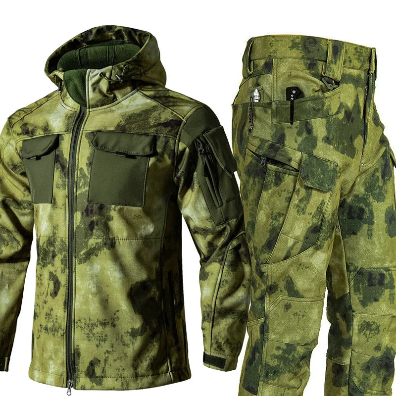 New Shark Shell Beetle Suit Winter Camo Fleece Lined Thickened Softshell Jacket Pants Set Plus Size Windproof Thermal Outdoor Ge