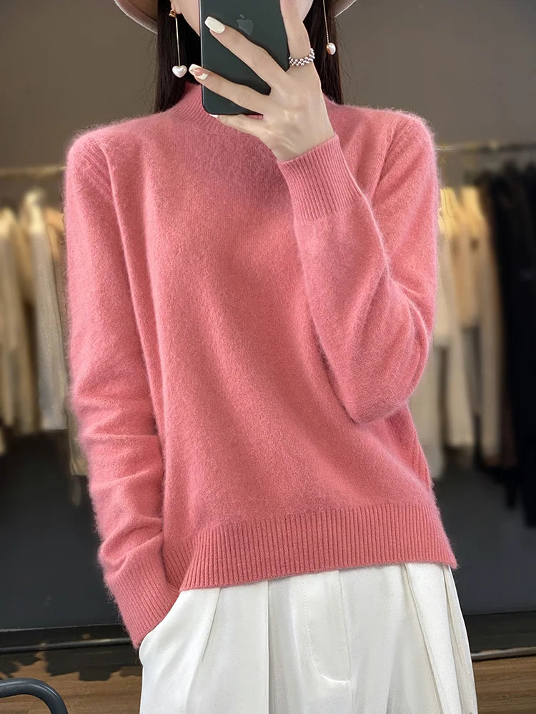 100% Mink Cashmere Sweater Women's Half High Collar Pullover Long Sleeve Cashmere Knitwear Fashion Autumn Winter Female Clothing