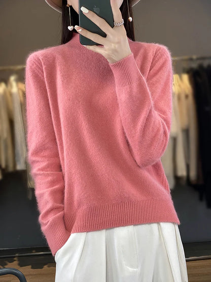 100% Mink Cashmere Sweater Women's Half High Collar Pullover Long Sleeve Cashmere Knitwear Fashion Autumn Winter Female Clothing