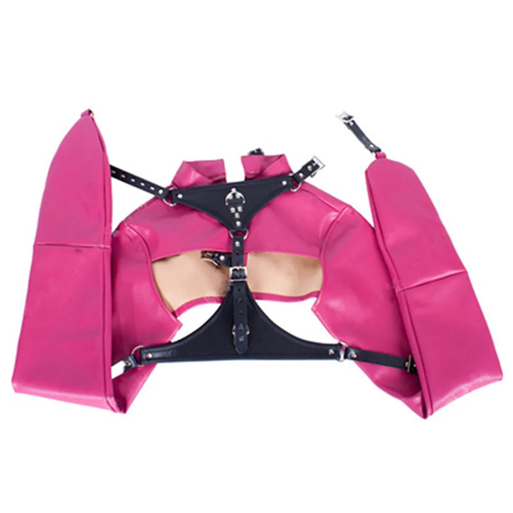 Black Leather Exposed Nipples Bra Arm Restraints Sleeve Adult SM Training Toys Bdsm Collar Body Harness Bondage Straight Jacket