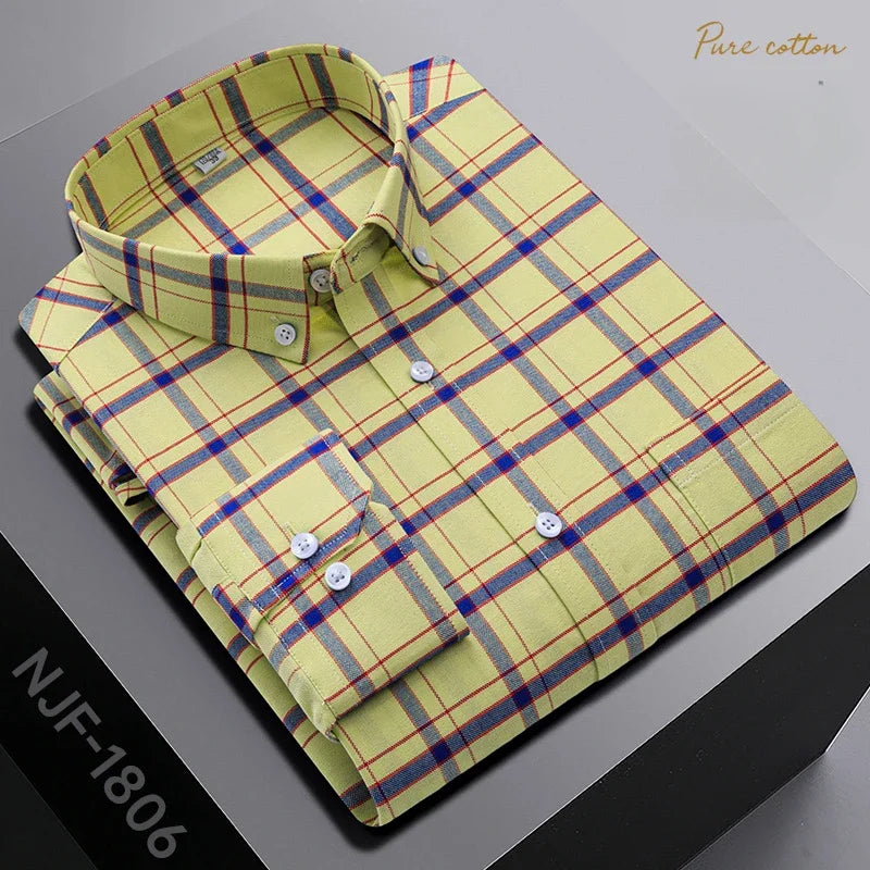 New In Shirt Oversize Long-Sleeve 100%Cotton Shirts for Men Slim Fit Formal Plain Shirt Plaid Casual Tops Designer Black Clothes