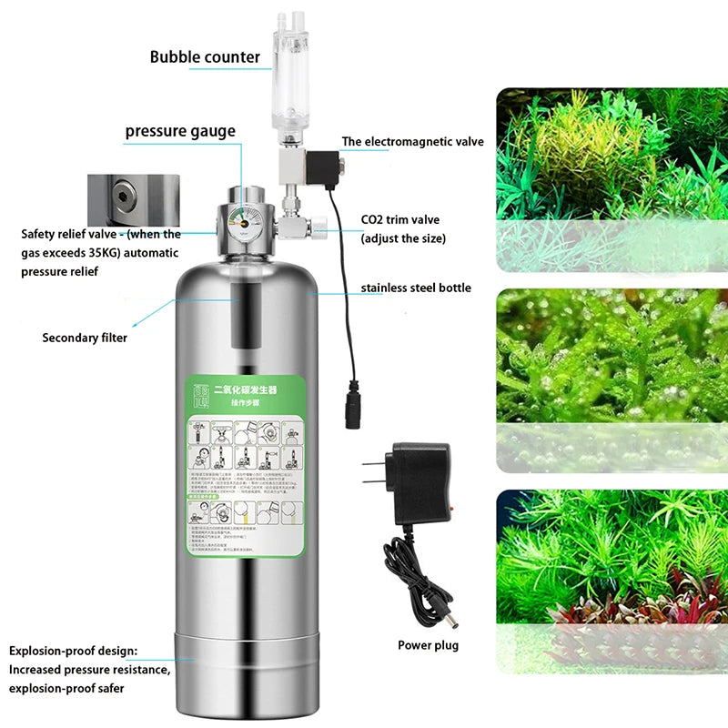 Aquarium CO2 Generator 1L 2L Fish Tank CO2 Cylinder Generator System Stainless Steel Water Injection Bubble Meter Aquatic Plant