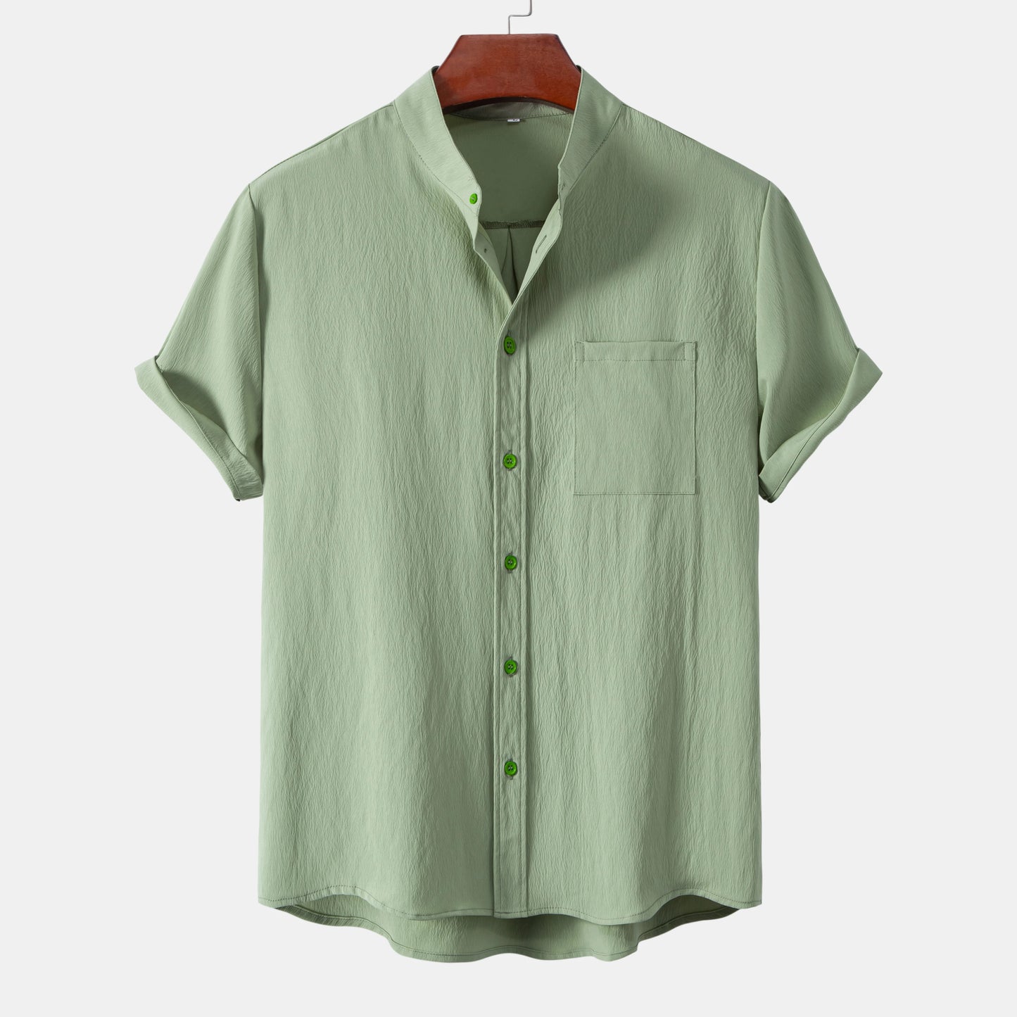 2026New men's short sleeved solid color standing collar cardigan casual shirt for foreign trade