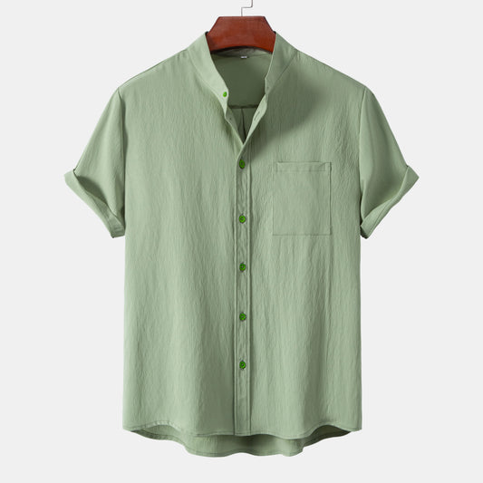 2026New men's short sleeved solid color standing collar cardigan casual shirt for foreign trade