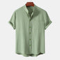 2026New men's short sleeved solid color standing collar cardigan casual shirt for foreign trade