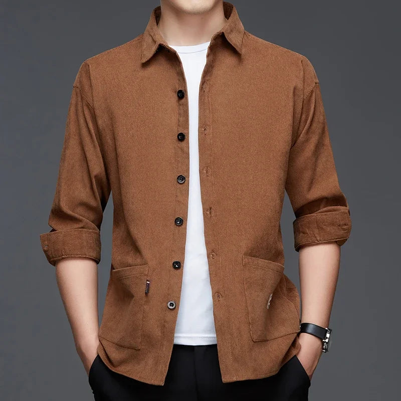 New Men Casual and Fashionable Long Sleeved Workwear Shirt Solid Color Comfortable and Breathable Versatile Top for All Seasons