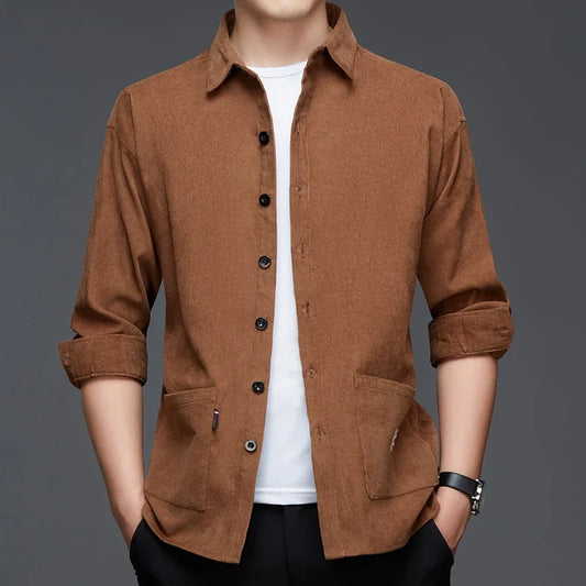 New Men Casual and Fashionable Long Sleeved Workwear Shirt Solid Color Comfortable and Breathable Versatile Top for All Seasons