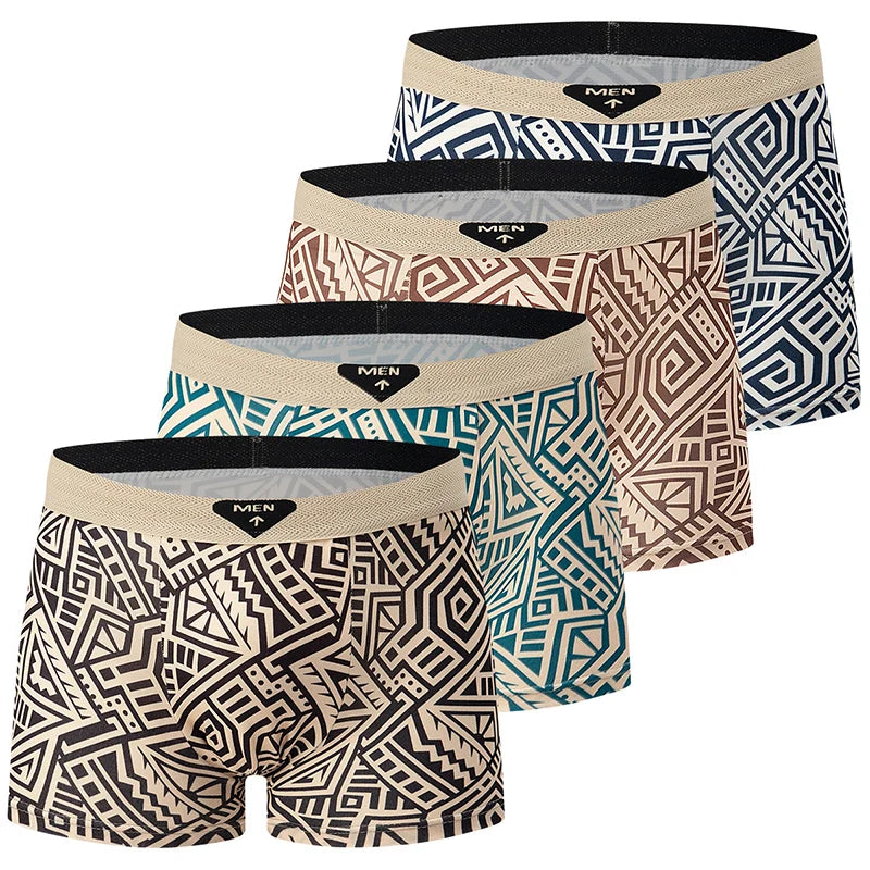 4-piece Set Of Men's Seasonal Fashionable Printed Underwear Comfortable Elastic Waist Flat Angle Pants Plus Size Casual Shorts