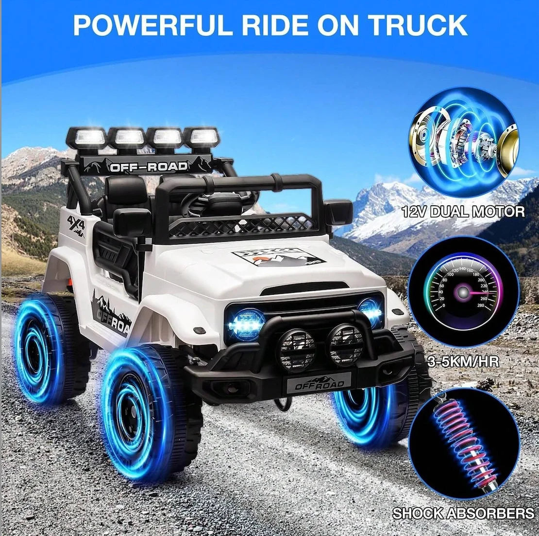 HAUSPROFI 12V Off-Road Ride-On Electric Car Toys for 3+ Years,With LED Lights,Remote Control,Seat Belt ,Bluetooth, 3-Speeds, Suspension