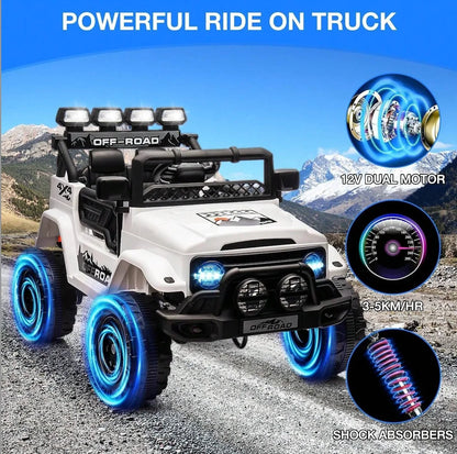 HAUSPROFI 12V Off-Road Ride-On Electric Car Toys for 3+ Years,With LED Lights,Remote Control,Seat Belt ,Bluetooth, 3-Speeds, Suspension