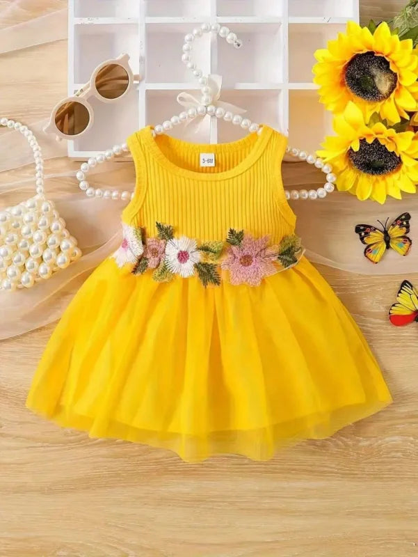 Soft Pink Knit Sleeveless Dress - 3D Flower Accent Tulle Skirt Girls Sweet Princess Outfit