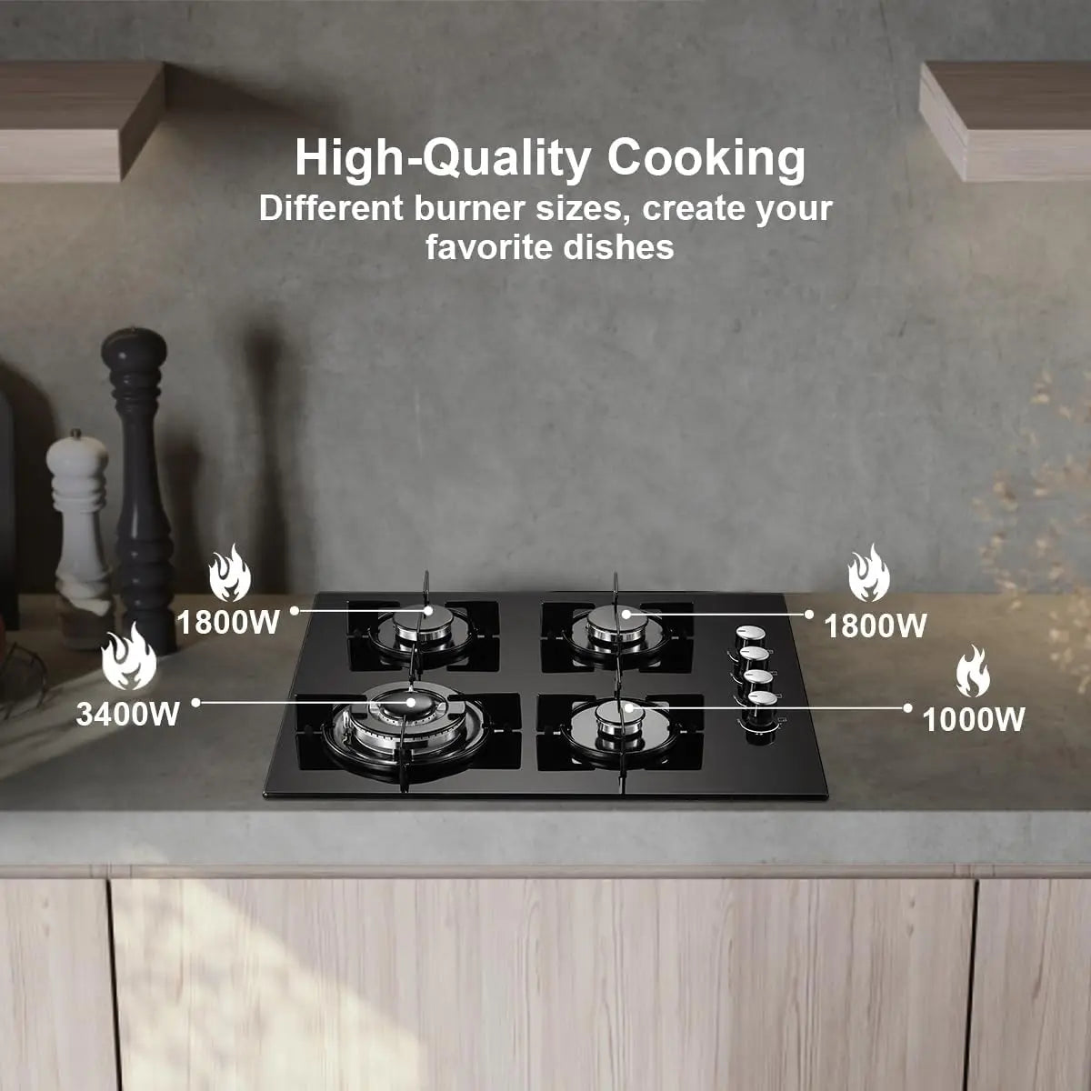 Tieasy 4 Burner 60cm Kitchen Built in Cooktop Tempered Glass NG/LPG Gas Hob YYUKGCT-B04