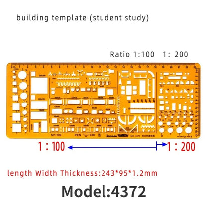 Geometric Drawing Template Set With Measuring Ruler - Yellow Transparent Plastic Tools+Bonus PE Zipper Bag - For Architecture