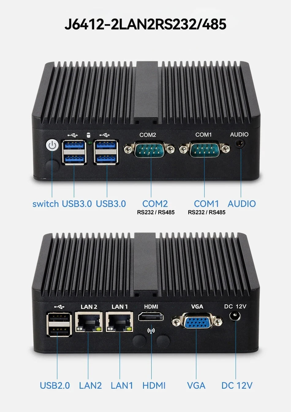 BEBEPC Fanless Industrial Mini PC with Intel Celeron J6412 J1900 Support Linux Computer with 2xRS232/485 2xGbE LAN Win10 Ready