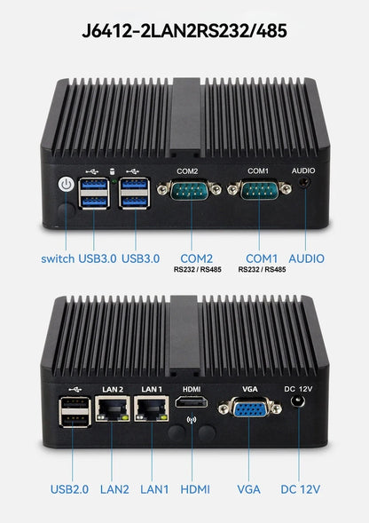 BEBEPC Fanless Industrial Mini PC with Intel Celeron J6412 J1900 Support Linux Computer with 2xRS232/485 2xGbE LAN Win10 Ready