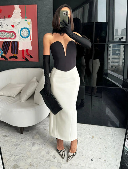 Tsiisd Commuting White Straight Leg Maxi Skirt Women Fashion High Waist Slim Casual Patchwork Party Outfit Female Maxi Skirt New