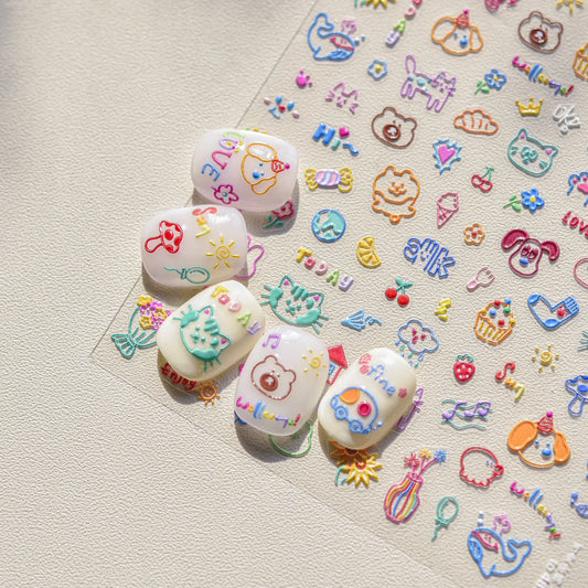 Lovely Animal Graffiti Cat Claw Rabbit Bunny Bear Dog Flower Fruit Dim Sum Candy Sunflower Adhesive 5D Nail Art Stickers Decal