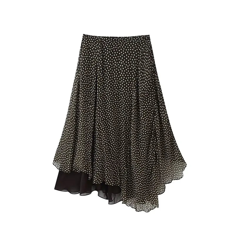 Nlzgmsj 2026 Spring Summer Women's Vintage Black Polka Dot Ruffle Hem Skirt  Asymmetrical Hem Midi Skirt