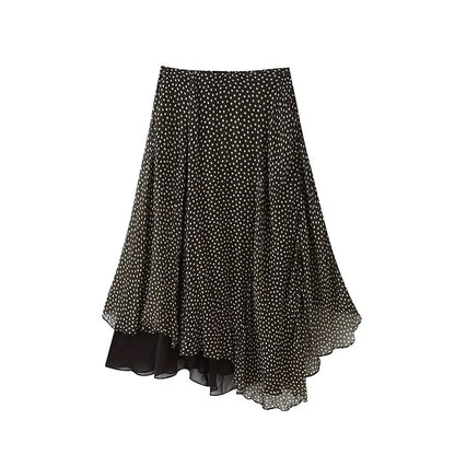 Nlzgmsj 2026 Spring Summer Women's Vintage Black Polka Dot Ruffle Hem Skirt  Asymmetrical Hem Midi Skirt